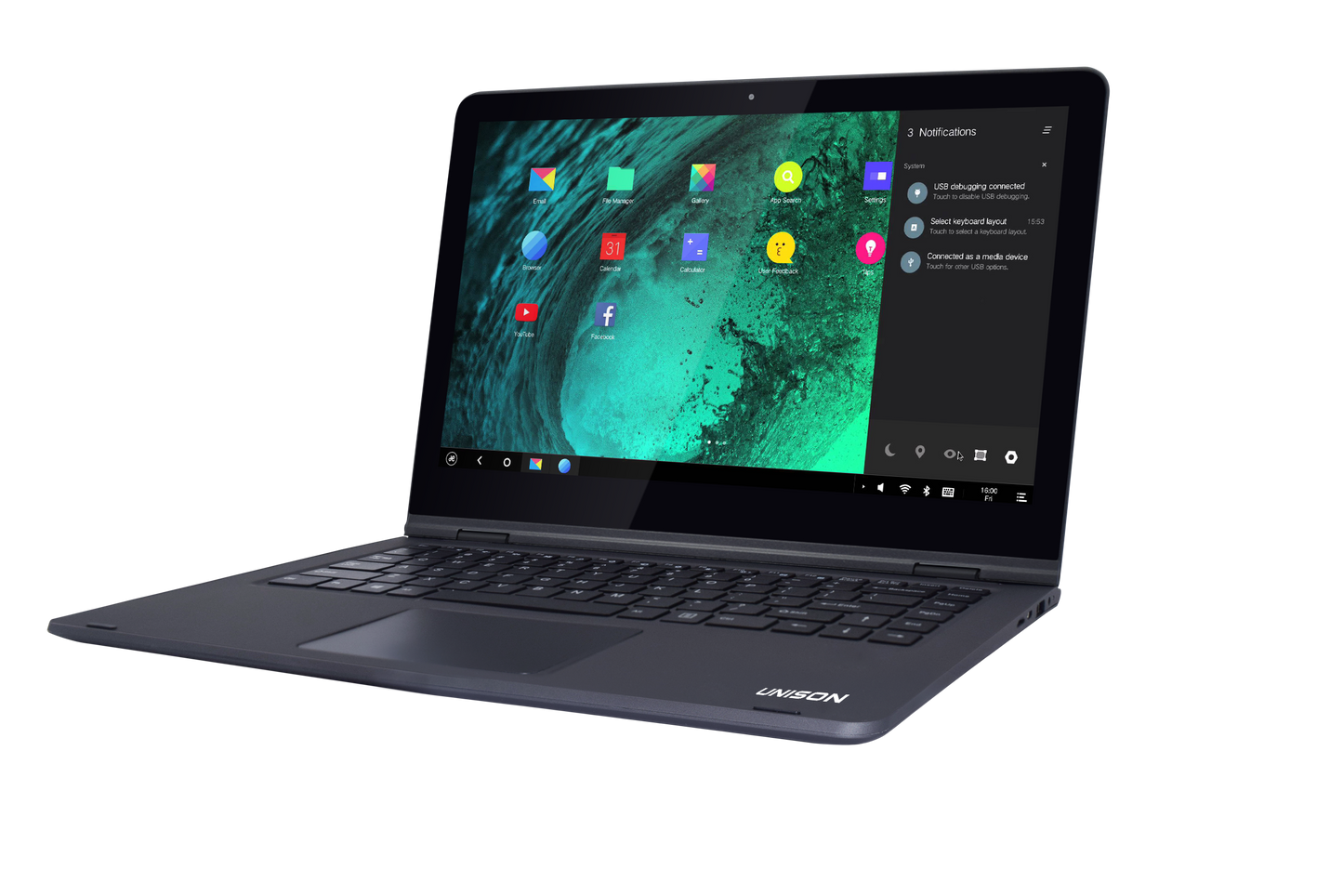 Unison Android Laptop 11.6" 360° Touch Screen, 1366*768 High Resolution Octa Core, Cortex A7, up to 2GHz OS Double OS powered by Android 6.0