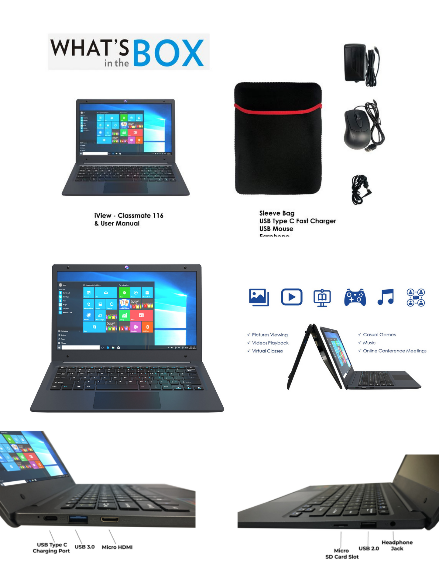 Classmate 116J3710 - 11.6” Screen, 4GB/128GB Windows 10 Pro, 1920 x 1080 IPS High Resolution Laptop