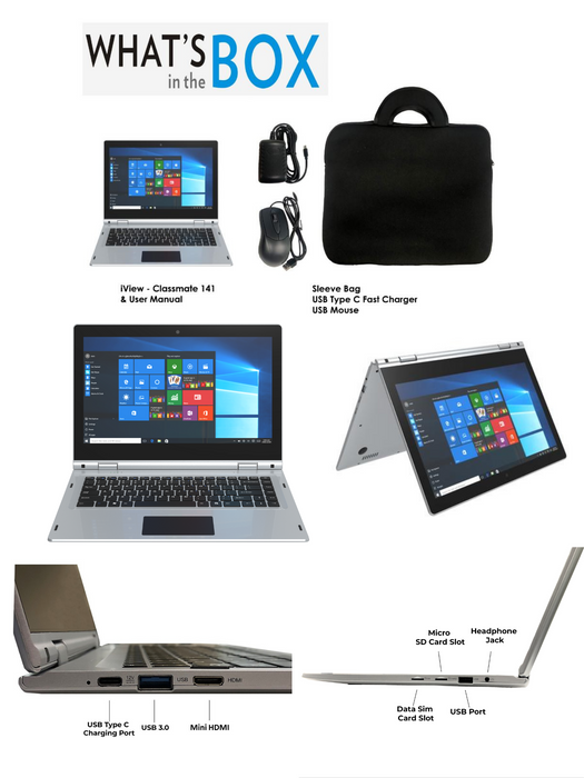 iView Classmate 141E3950 4G LTE - 14.1” 360° Touch Screen, 8GB/128GB Windows 10 Pro, 1920 x 1080 IPS High Resolution, Laptop