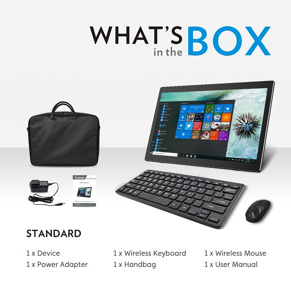 Box includes iView 1700AIO All-in-One Computer, wireless keyboard and mouse, charger, manual and case