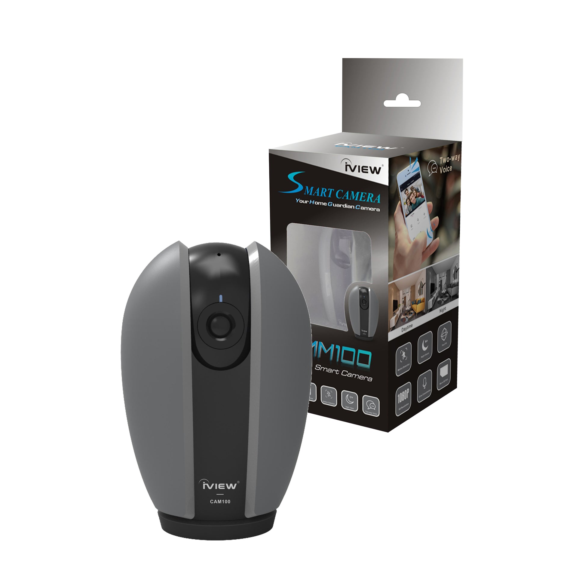 Iview CAM100 black and gray 350° Smart Home Security Camera with product box