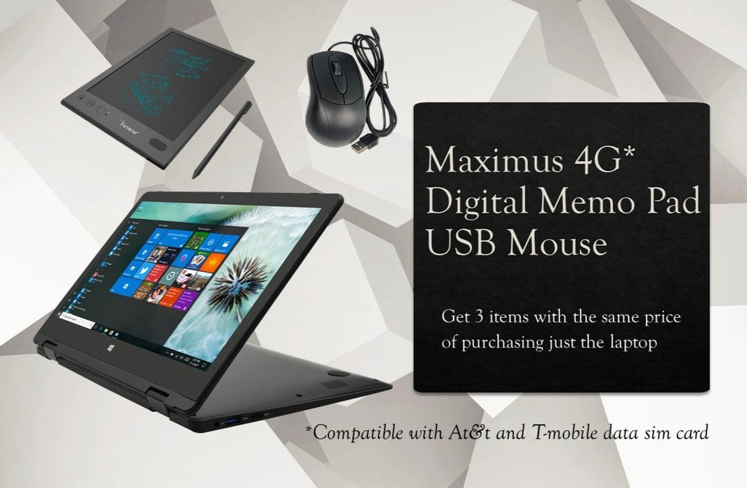 Combo Digital Memo Pad, USB Mouse & Maximus 4G LTE 360° Laptop Windows 10 Pro, 4 GB/64 GB