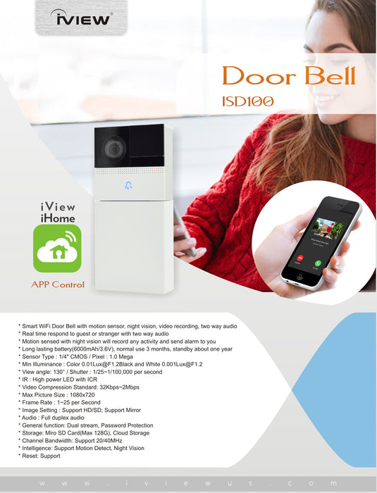 ISD100 Smart Bell - 1280 × 720 Max Picture, DC 5V, 6000mA Rechargeable Battery Smart Door Bell