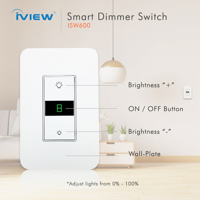 ISW600 Smart Dimmer WiFi Light Switch, Single Pole, Neutral Wire Required, Schedule, Timer INC/LED Lights, Compatible with Alexa and Google Assistant, No Hub Required