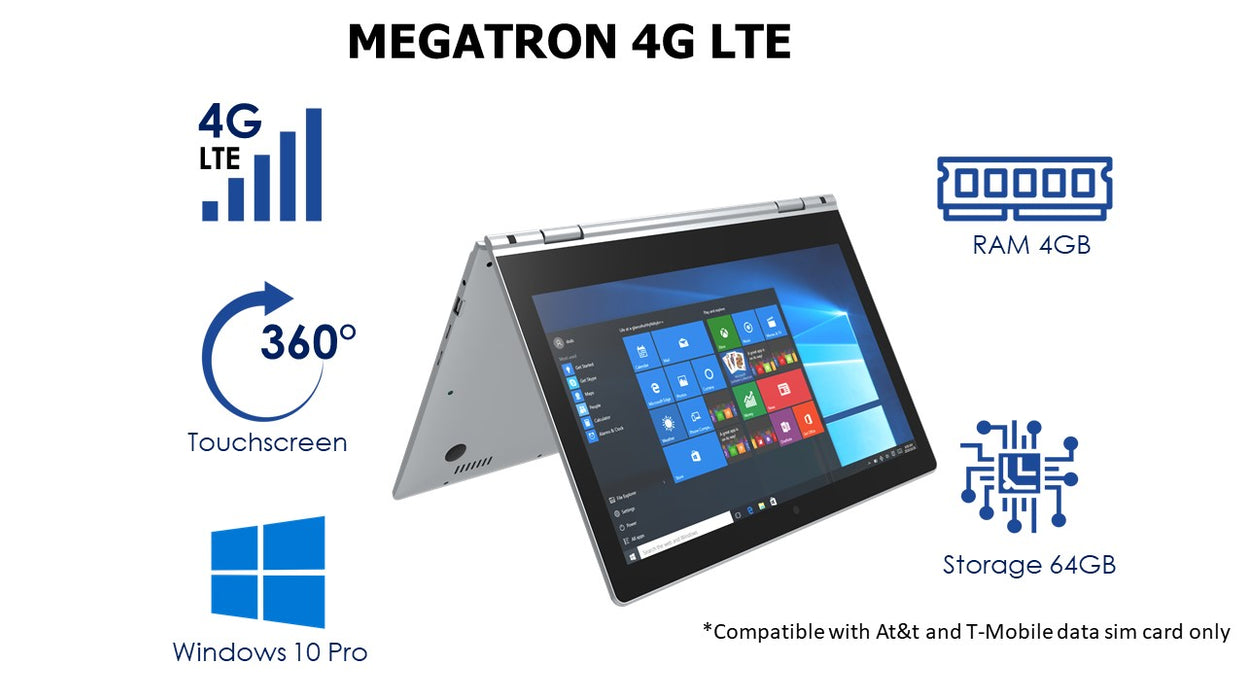 Megatron 4G LTE - 14.1” 360° Touch Screen, 4GB/64GB Windows 10 Pro, 1920 x 1080 IPS High Resolution