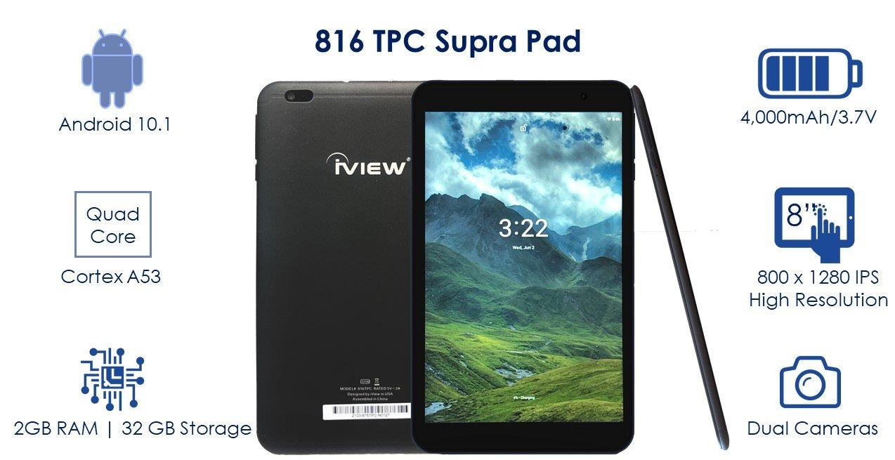 816TPC 8" Android 10.1 Tablet, Slim Matte Black, 2GB/32GB, 1280 x 800 IPS High Resolution