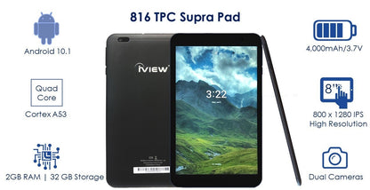 816TPC 8" Android 10.1 Tablet, Slim Matte Black, 2GB/32GB, 1280 x 800 IPS High Resolution