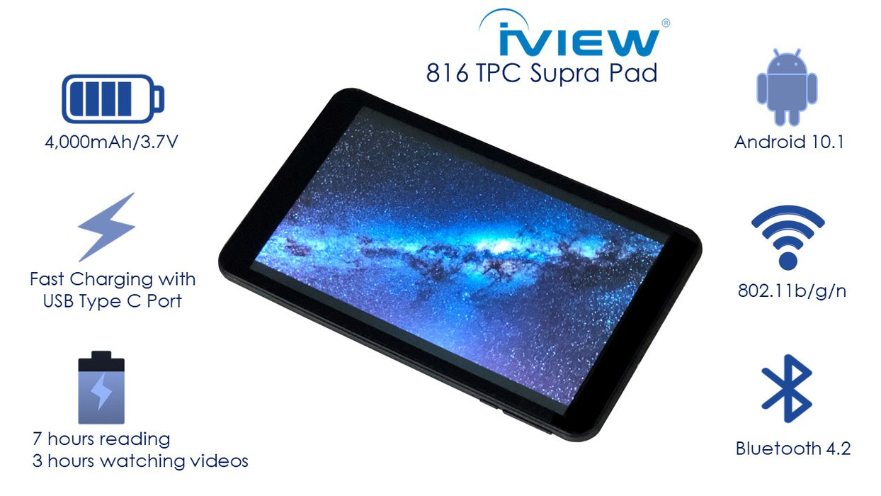816TPC 8" Android 10.1 Tablet, Slim Matte Black, 2GB/32GB, 1280 x 800 IPS High Resolution
