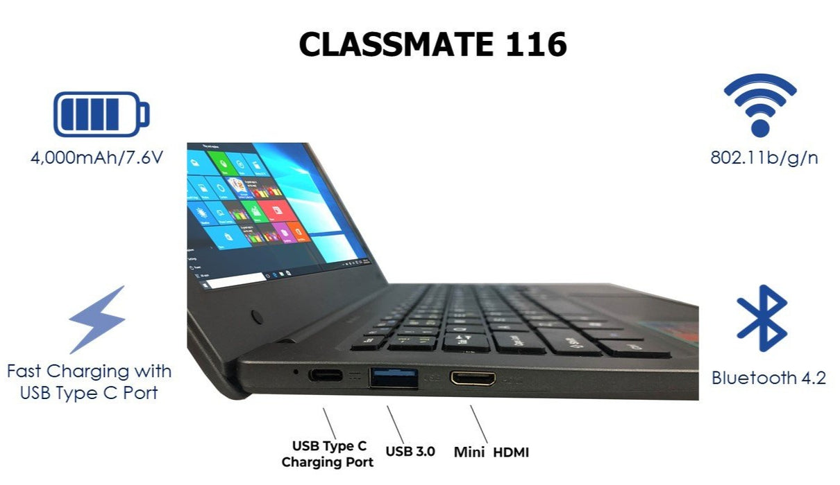 Classmate 116J3710 - 11.6” Screen, 4GB/128GB Windows 10 Pro, 1920 x 1080 IPS High Resolution Laptop