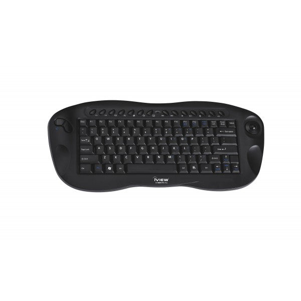 Full-sized black QWERTY wireless keyboard with track pad and scroll wheel