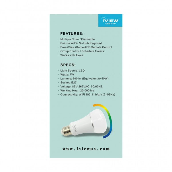 Iview ISB610 smart multicolor dimmable Wi-Fi light bulb back with specs