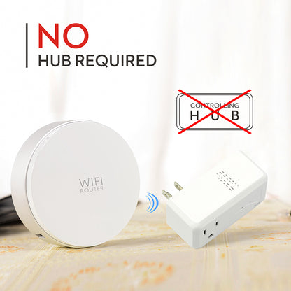 No hub required - Crossed out Wi-Fi hub, not needed to connect smart socket to Wi-Fi