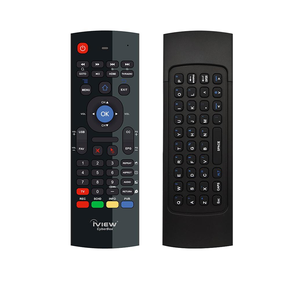 Iview CyberBox Remote front with standard remote functions and back with QWERTY keyboard