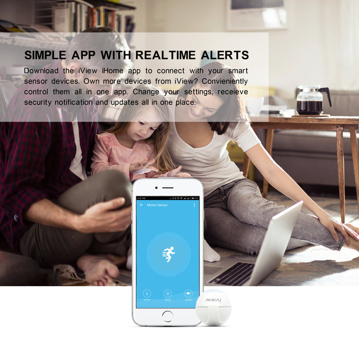 Family sitting down viewing simple iView iHome app with real-time alerts