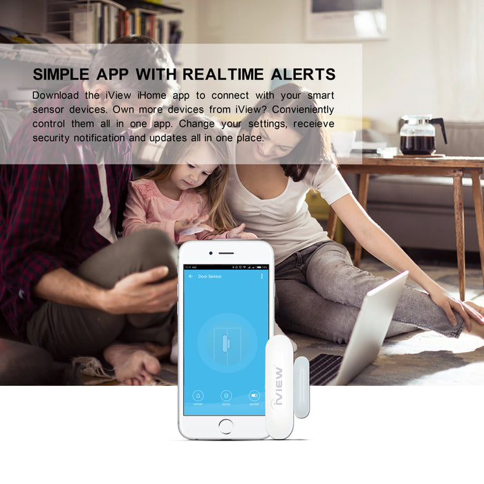 Family sitting together looking at the simple iView iHomeapp with real-time alerts